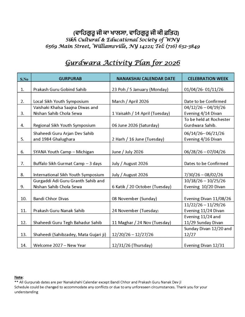 Gurdwara Activity Plan for 2026